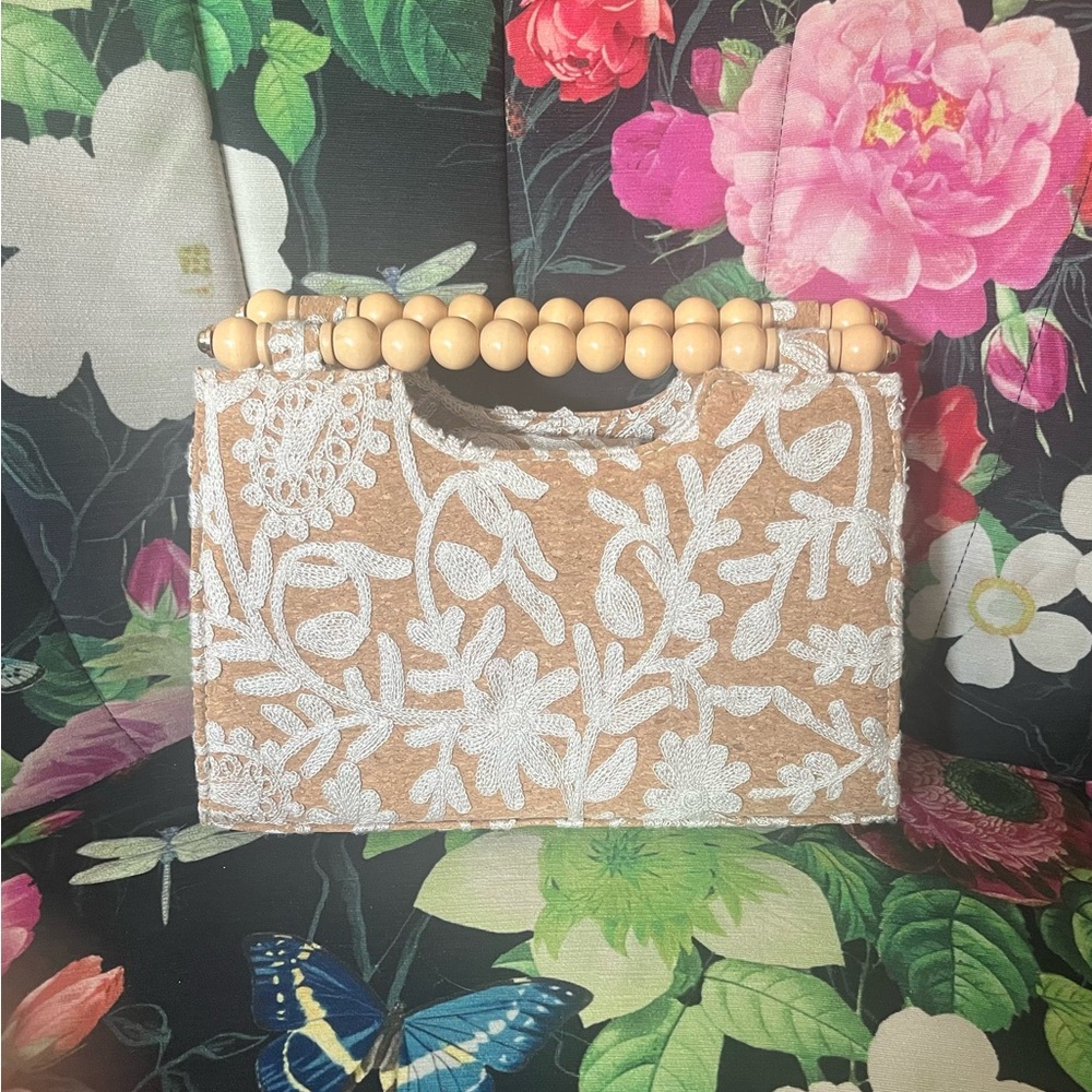 Haute Hippie White and Tan Clutch with Elegant Botanical Design